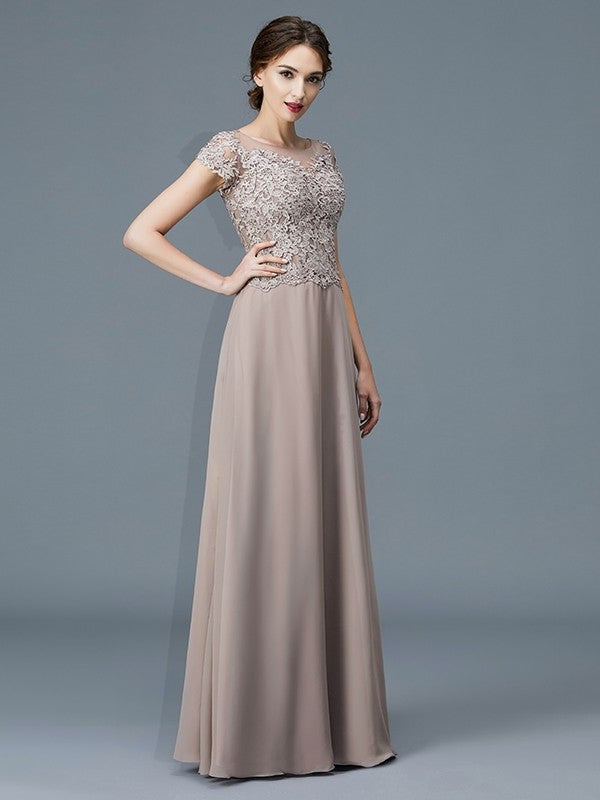 A-Line/Princess Scoop Short Sleeves Applique Floor-Length Chiffon Mother of the Bride Dresses DFP0007275