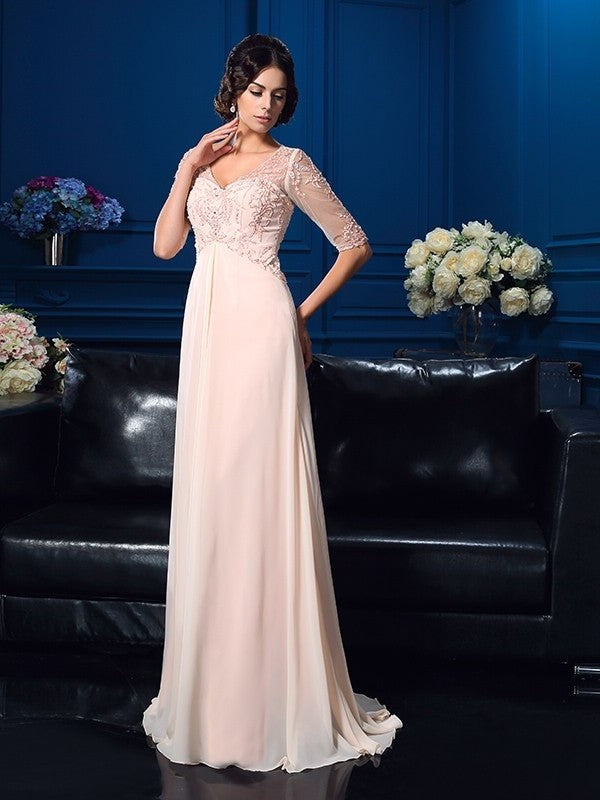 A-Line/Princess V-neck Beading 1/2 Sleeves Long Chiffon Mother of the Bride Dresses DFP0007115