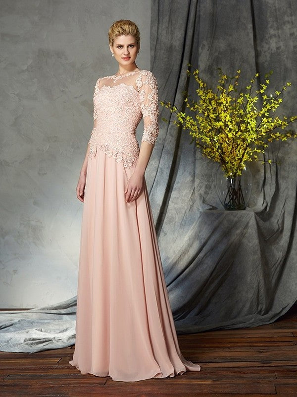 A-Line/Princess Scoop Applique 3/4 Sleeves Long Chiffon Mother of the Bride Dresses DFP0007131