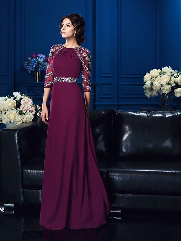 A-Line/Princess Scoop Beading 3/4 Sleeves Long Chiffon Mother of the Bride Dresses DFP0007189