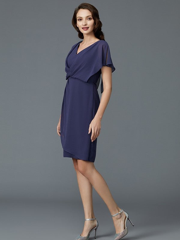 Sheath/Column V-neck Short Sleeves Chiffon Knee-Length Mother of the Bride Dresses DFP0007259