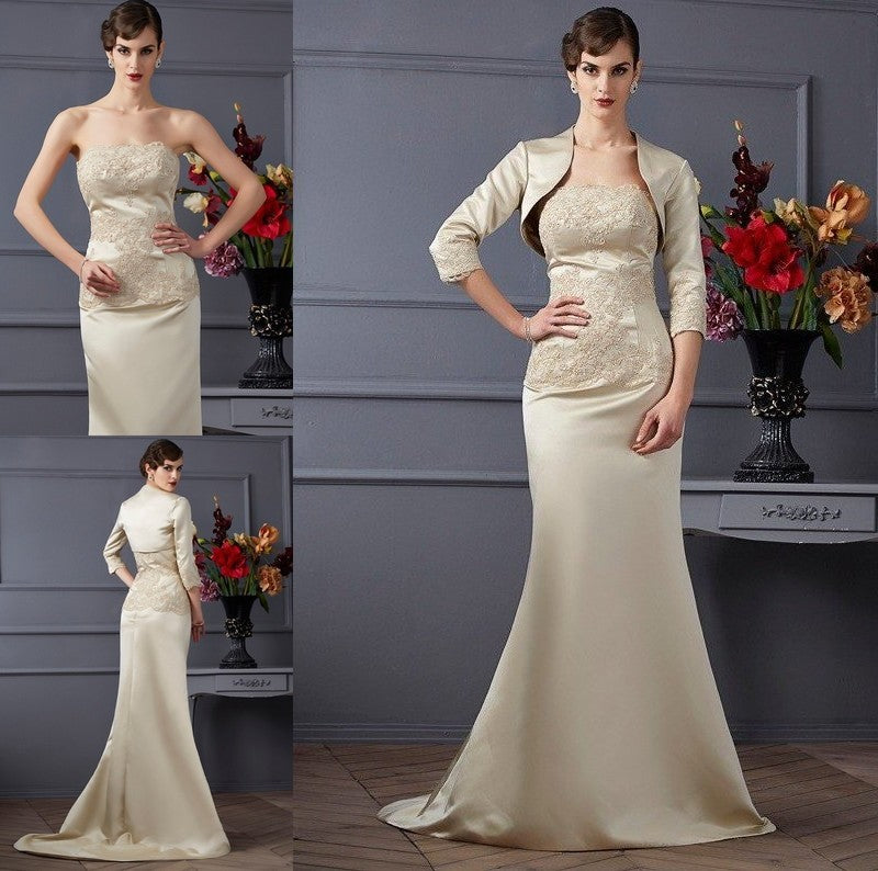 Trumpet/Mermaid Strapless Sleeveless Applique Long Satin Mother of the Bride Dresses DFP0007356