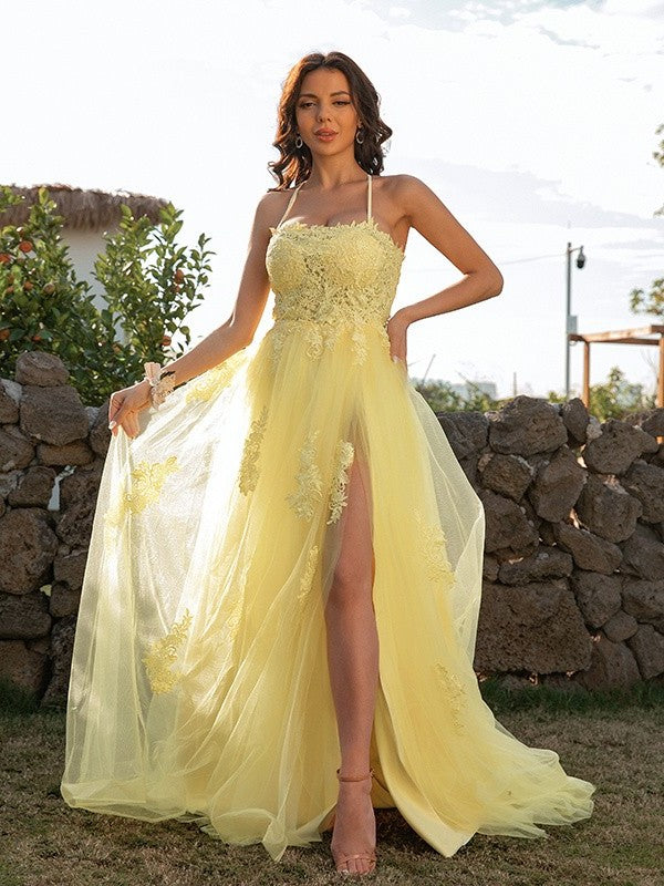 A-Line/Princess Tulle Applique Halter Sleeveless Sweep/Brush Train Dresses DFP0001394