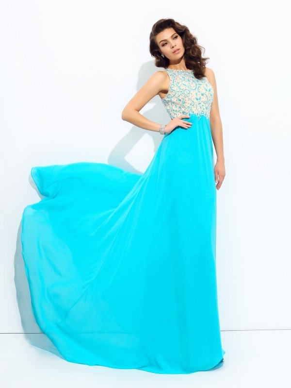 A-line/Princess Scoop Beading Sleeveless Long Chiffon Dresses DFP0003077