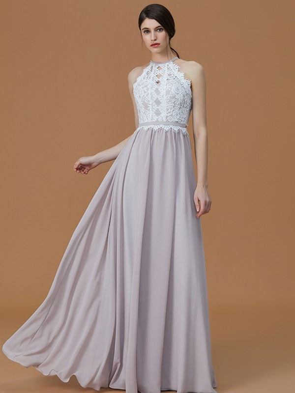 A-Line/Princess Halter Sleeveless Floor-Length Lace Chiffon Bridesmaid Dresses DFP0005137