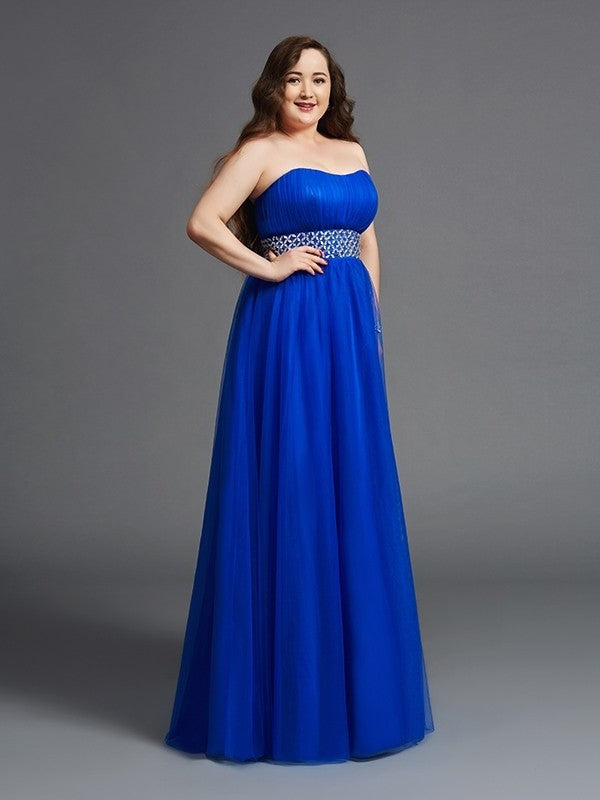 A-Line/Princess Strapless Rhinestone Sleeveless Long Net Plus Size Dresses DFP0003438