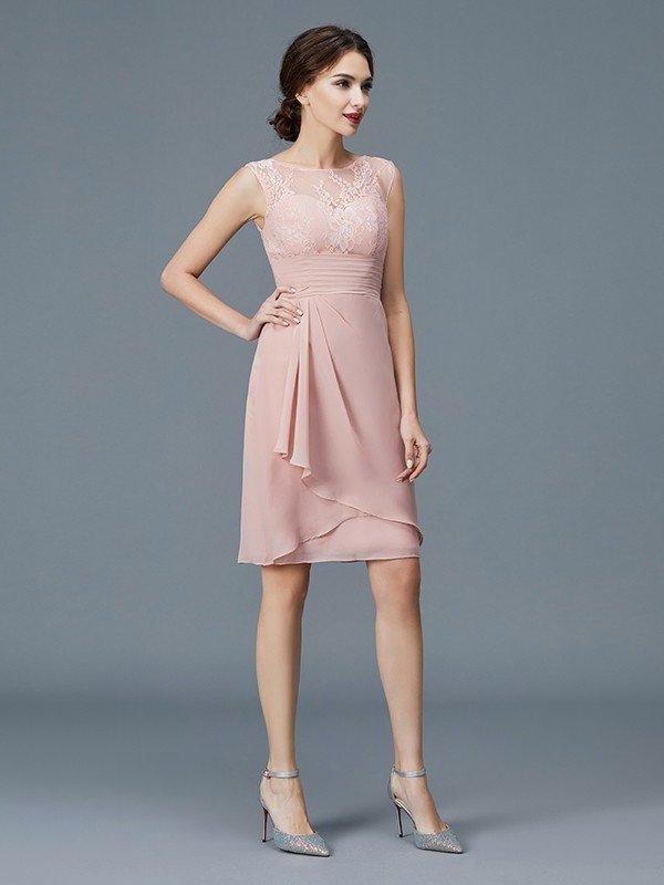 Sheath/Column Sheer Neck Ruffles Chiffon Sleeveless Knee-Length Mother of the Bride Dresses DFP0007193