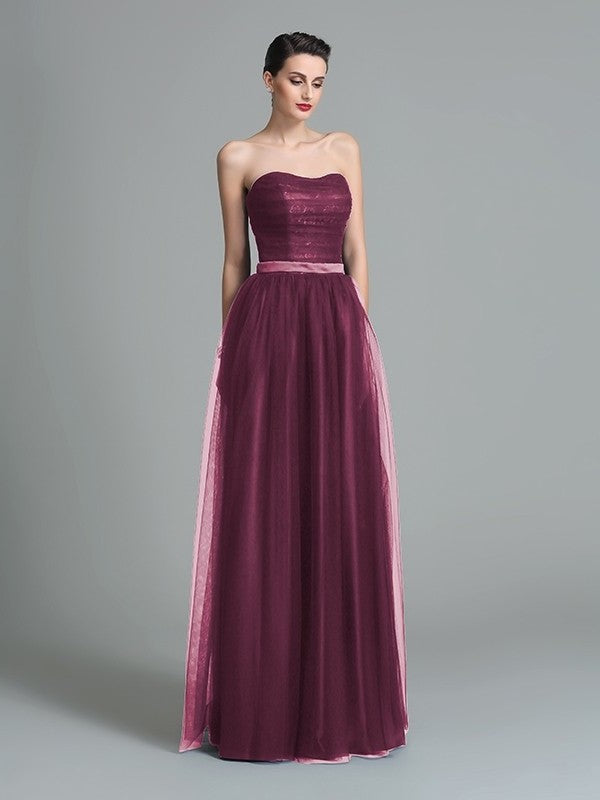 A-Line/Princess Sweetheart Ruffles Sleeveless Long Net Bridesmaid Dresses DFP0005472