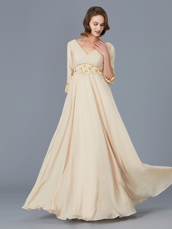 A-Line/Princess V-neck Ruffles Chiffon Floor-Length Mother of the Bride Dresses DFP0007385