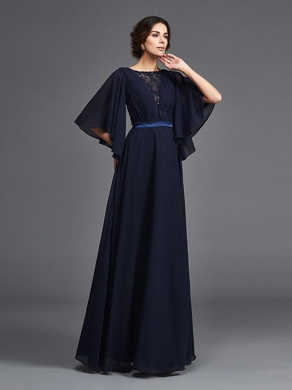 A-Line/Princess Scoop Beading 1/2 Sleeves Long Chiffon Mother of the Bride Dresses DFP0007348