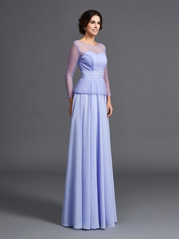 A-Line/Princess Scoop Ruffles Long Sleeves Long Chiffon Mother of the Bride Dresses DFP0007445