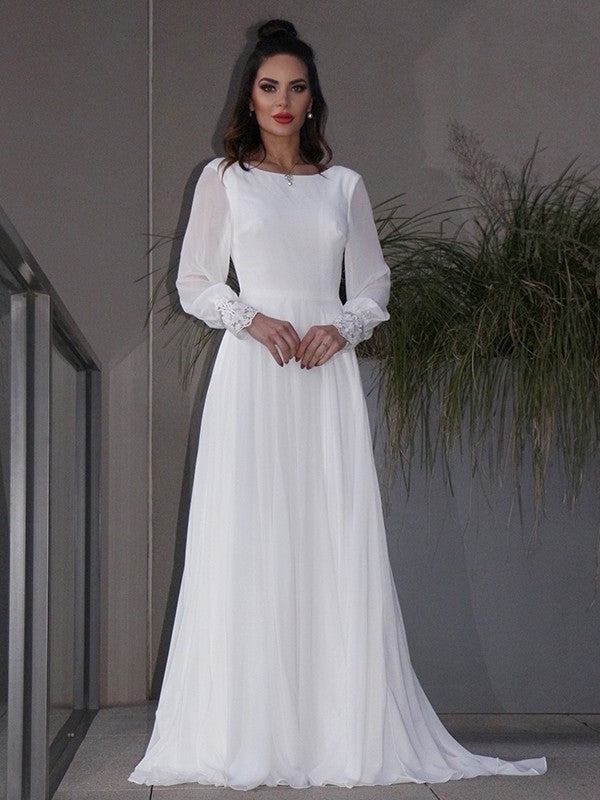 A-Line/Princess Chiffon Ruffles Long Sleeves Scoop Sweep/Brush Train Wedding Dresses DFP0006511