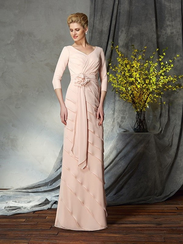 Sheath/Column V-neck Hand-Made Flower 3/4 Sleeves Long Chiffon Mother of the Bride Dresses DFP0007053