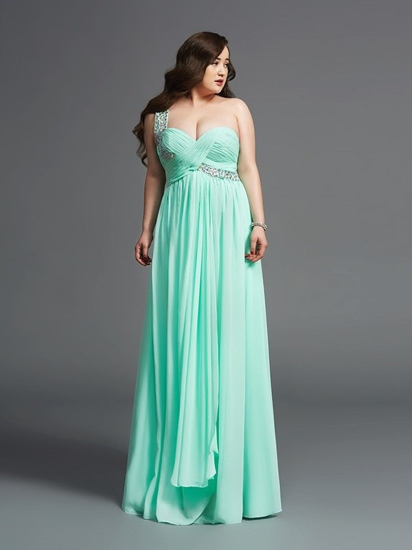 A-Line/Princess One-Shoulder Rhinestone Sleeveless Long Chiffon Plus Size Dresses DFP0003742