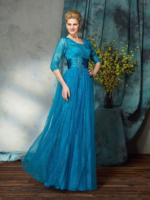 A-Line/Princess V-neck Applique 3/4 Sleeves Long Net Mother of the Bride Dresses DFP0007436