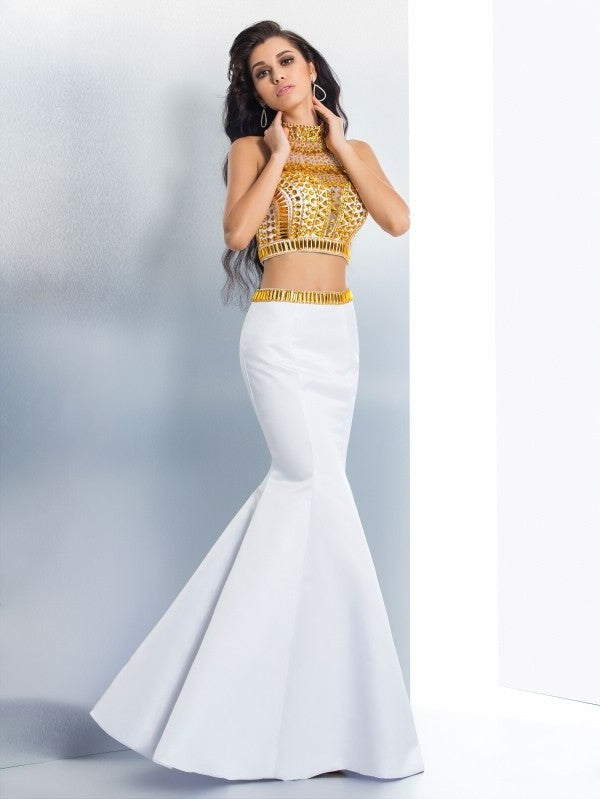 Trumpet/Mermaid High Neck Beading Sleeveless Long Satin Dresses DFP0002720