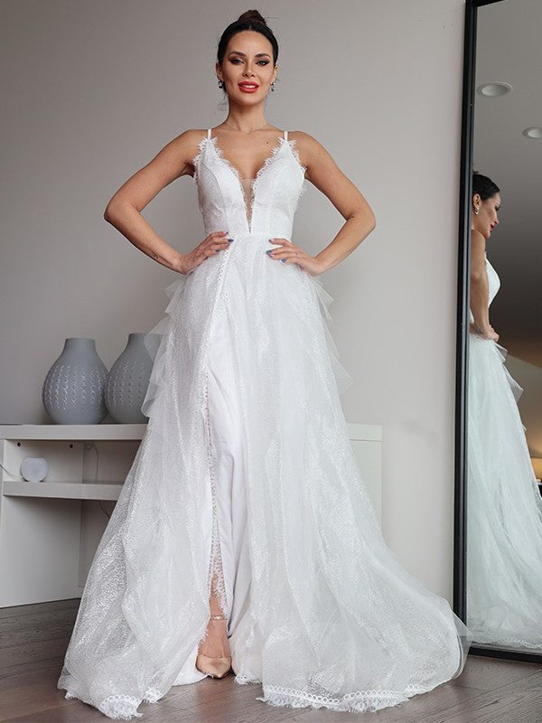 A-Line/Princess Lace Ruffles V-neck Sleeveless Sweep/Brush Train Wedding Dresses DFP0006454