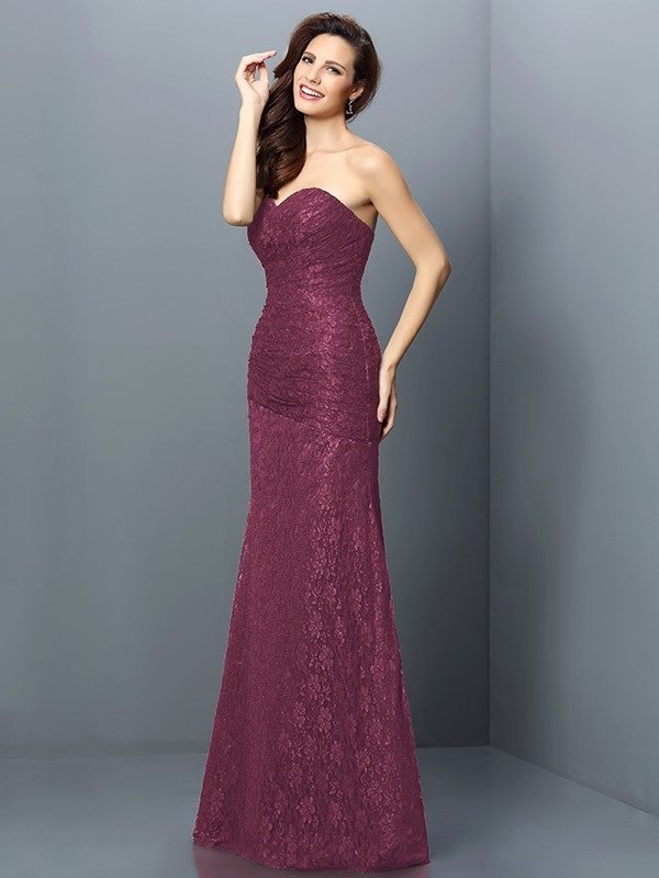 A-Line/Princess Sweetheart Lace Sleeveless Long Satin Bridesmaid Dresses DFP0005630