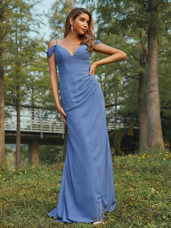 Sheath/Column Chiffon Ruched V-neck Sleeveless Floor-Length Bridesmaid Dresses DFP0005002