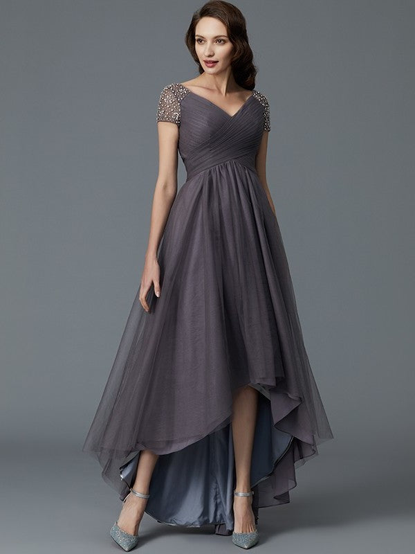 A-Line/Princess V-neck Short Sleeves Asymmetrical Tulle Mother of the Bride Dresses DFP0007098