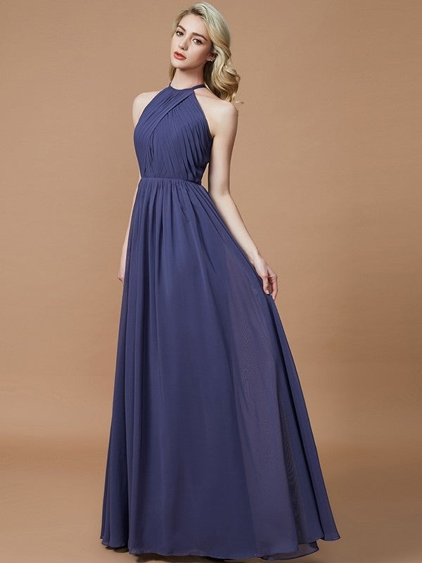 A-Line/Princess Scoop Chiffon Sleeveless Floor-Length Bridesmaid Dresses DFP0005455