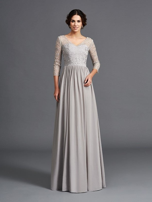 A-Line/Princess V-neck Ruffles 3/4 Sleeves Long Chiffon Mother of the Bride Dresses DFP0007308