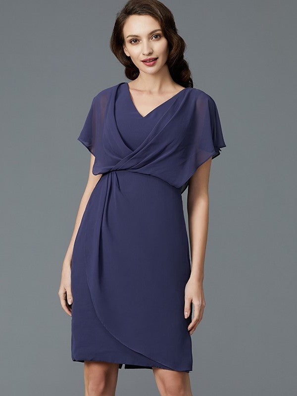 Sheath/Column V-neck Short Sleeves Chiffon Knee-Length Mother of the Bride Dresses DFP0007259