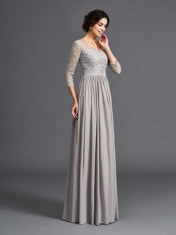 A-Line/Princess V-neck Ruffles 3/4 Sleeves Long Chiffon Mother of the Bride Dresses DFP0007308