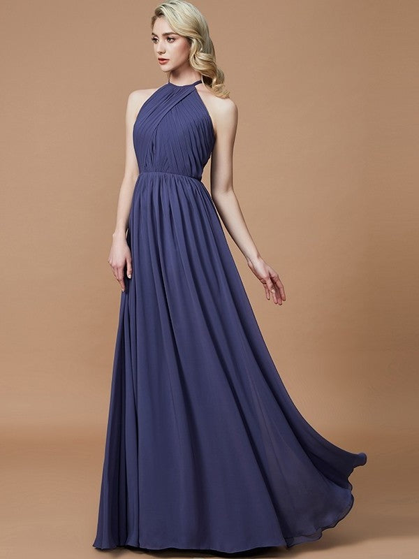 A-Line/Princess Scoop Chiffon Sleeveless Floor-Length Bridesmaid Dresses DFP0005455