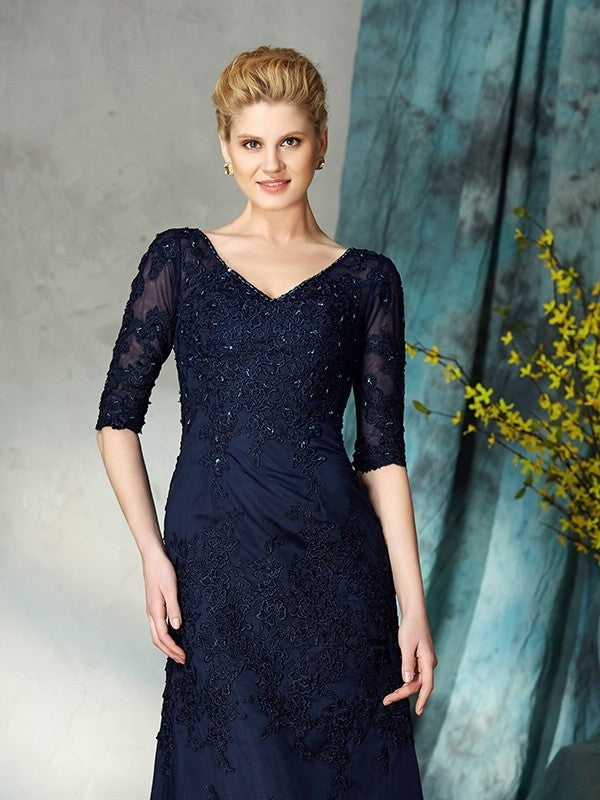 Sheath/Column V-neck Applique 1/2 Sleeves Long Satin Mother of the Bride Dresses DFP0007116