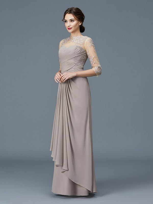 A-Line/Princess Sheer Neck 3/4 Sleeves Ruffles Chiffon Floor-Length Mother of the Bride Dresses DFP0007219