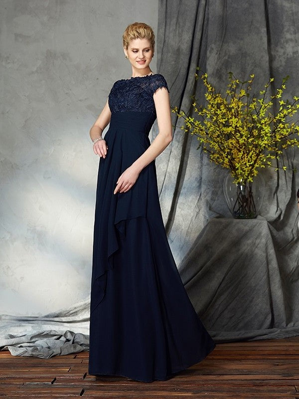 A-Line/Princess Bateau Applique Short Sleeves Long Chiffon Mother of the Bride Dresses DFP0007264