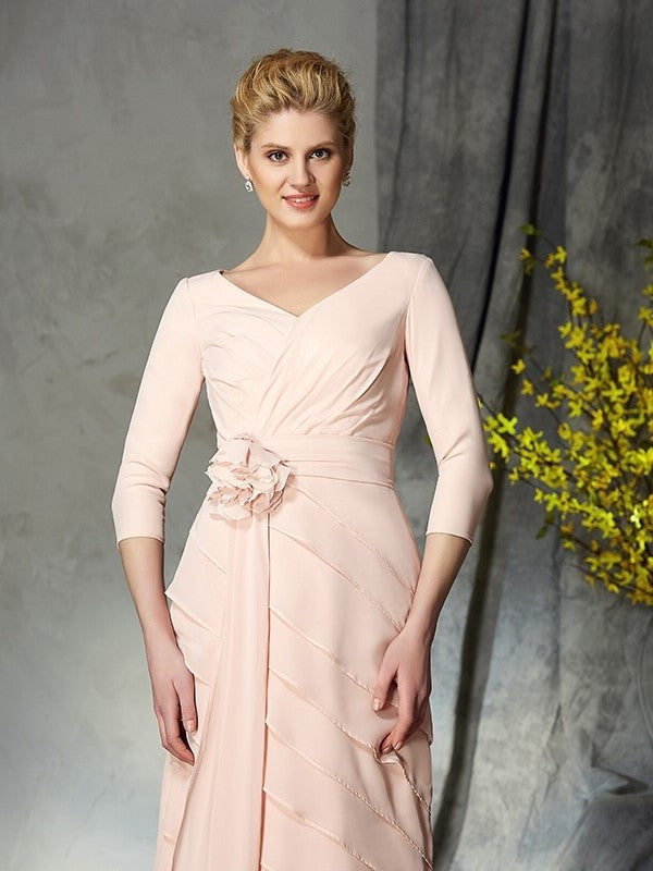 Sheath/Column V-neck Hand-Made Flower 3/4 Sleeves Long Chiffon Mother of the Bride Dresses DFP0007053