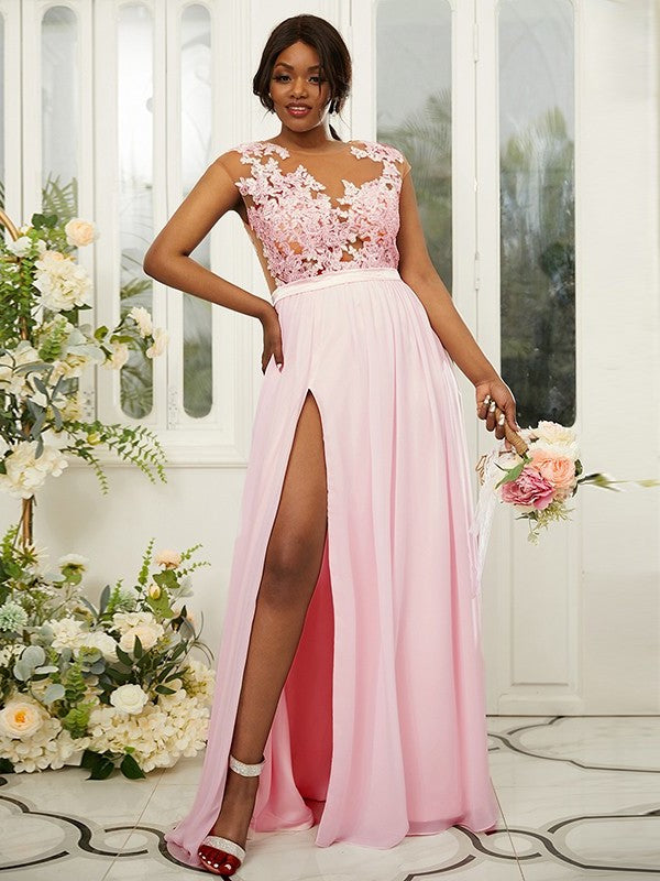 A-Line/Princess Chiffon Applique Scoop Sleeveless Floor-Length Bridesmaid Dresses DFP0004918