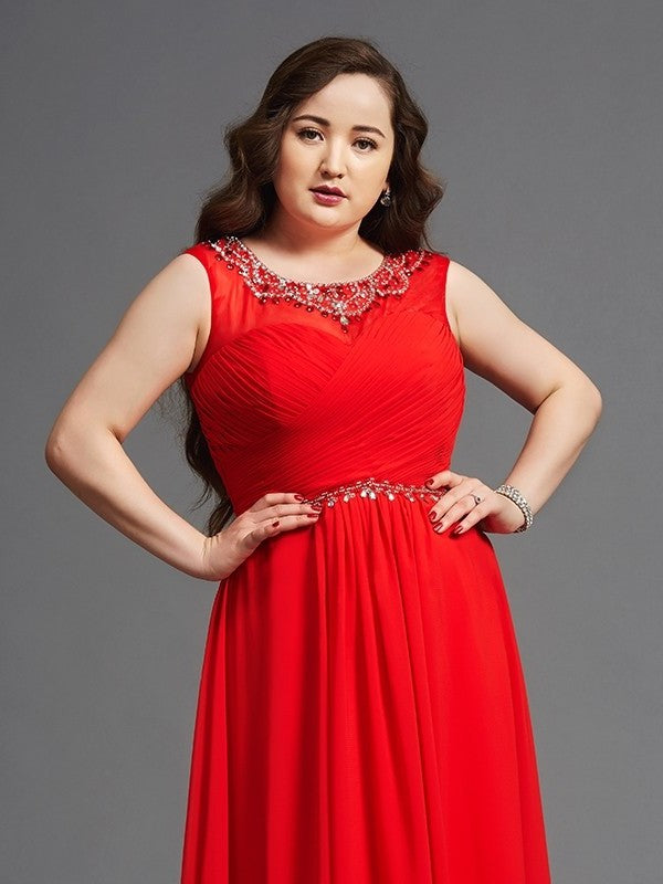 A-Line/Princess Scoop Beading Sleeveless Long Chiffon Plus Size Dresses DFP0003655