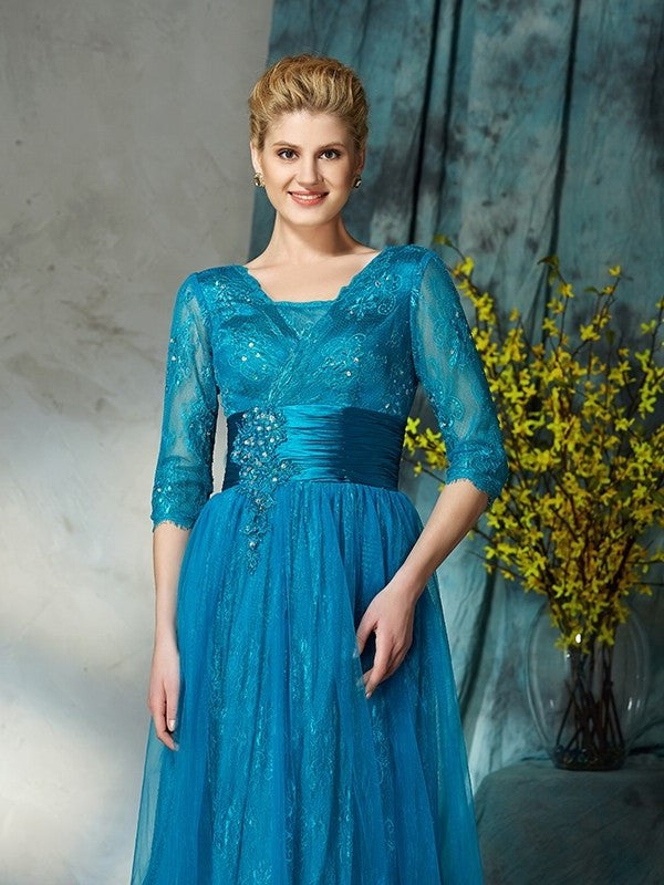 A-Line/Princess V-neck Applique 3/4 Sleeves Long Net Mother of the Bride Dresses DFP0007436