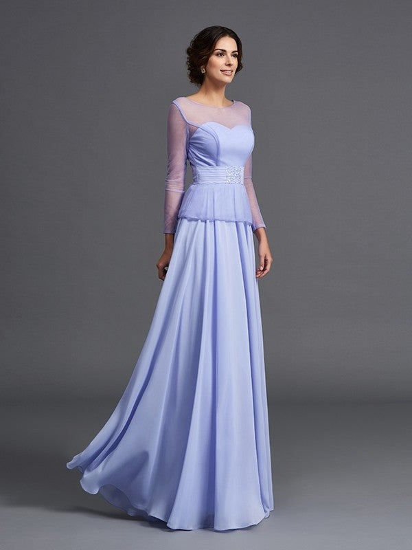 A-Line/Princess Scoop Ruffles Long Sleeves Long Chiffon Mother of the Bride Dresses DFP0007445