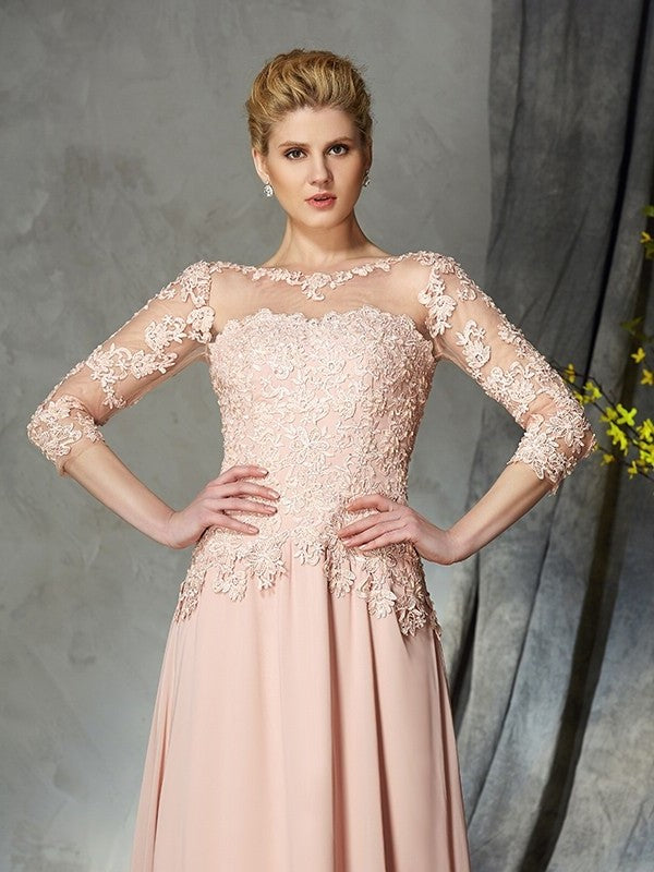 A-Line/Princess Scoop Applique 3/4 Sleeves Long Chiffon Mother of the Bride Dresses DFP0007131