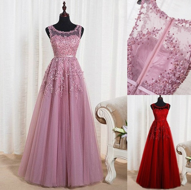 A-Line/Princess Sleeveless Scoop Floor-Length Tulle Beading Dresses DFP0001992