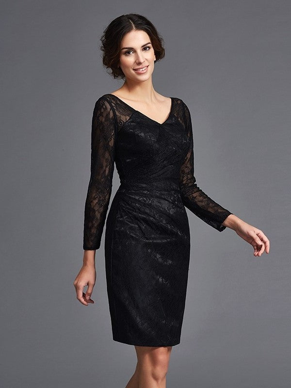 Sheath/Column V-neck Lace Long Sleeves Short Elastic Woven Satin Mother of the Bride Dresses DFP0007400