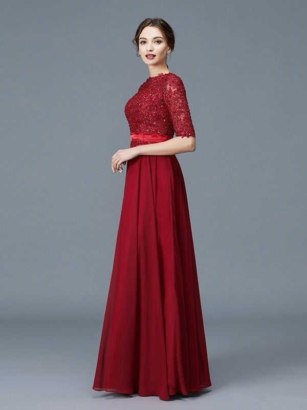 A-Line/Princess Scoop 1/2 Sleeves Chiffon Applique Floor-Length Mother of the Bride Dresses DFP0007199