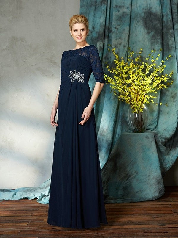 A-Line/Princess Bateau Beading 1/2 Sleeves Long Chiffon Mother of the Bride Dresses DFP0007338