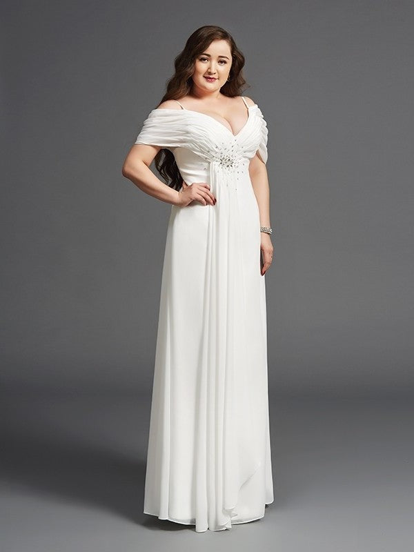 A-Line/Princess Off-the-Shoulder Ruched Short Sleeves Long Chiffon Plus Size Dresses DFP0001920