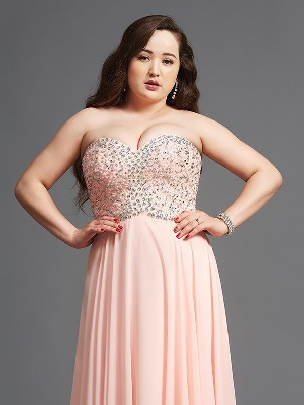 A-Line/Princess Sweetheart Beading Sleeveless Long Chiffon Plus Size Dresses DFP0003818