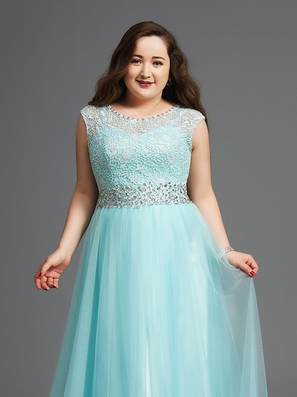 A-Line/Princess Scoop Rhinestone Sleeveless Long Tulle Plus Size Dresses DFP0002521