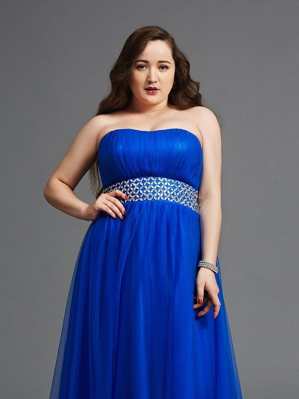 A-Line/Princess Strapless Rhinestone Sleeveless Long Net Plus Size Dresses DFP0003438