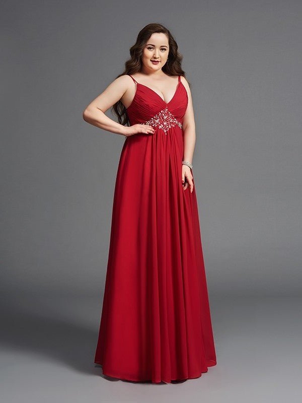 A-Line/Princess Spaghetti Straps Beading Sleeveless Long Chiffon Plus Size Dresses DFP0002460