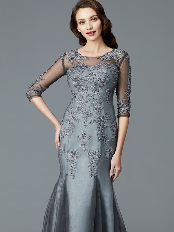 Sheath/Column Scoop Applique 1/2 Sleeves Tulle Floor-Length Mother of the Bride Dresses DFP0007147