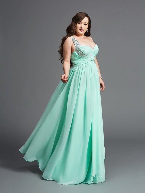 A-Line/Princess One-Shoulder Rhinestone Sleeveless Long Chiffon Plus Size Dresses DFP0003742