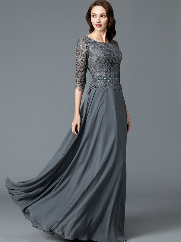 A-Line/Princess Scoop 1/2 Sleeves Chiffon Floor-Length Mother of the Bride Dresses DFP0007217